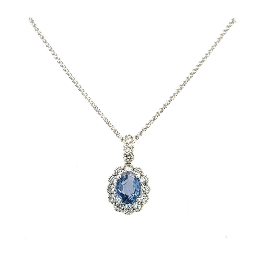 18K White Gold Oval Sapphire And Diamond Necklace 