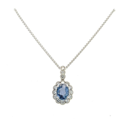 18K White Gold Oval Sapphire And Diamond Necklace 