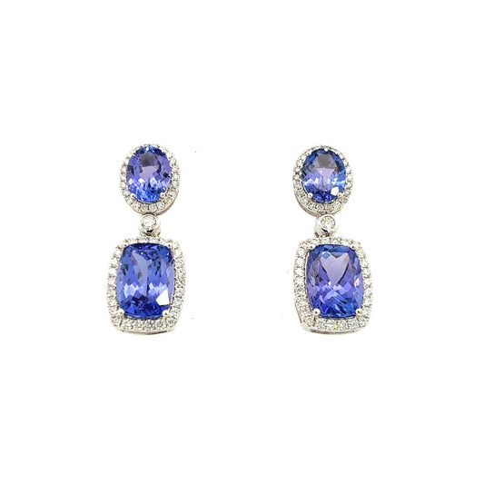 14K White Gold Oval And Cushion Cut Tanzanite Diamond Halo Drop Earrings (11.48ctw)
