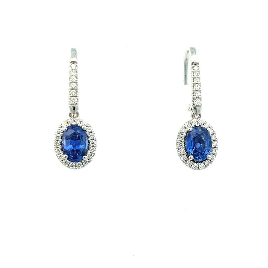 14K White Gold Oval Sapphire And Diamond Halo Drop Earrings (2.50ctw) 