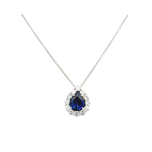 18K White Gold Pear Shape Sapphire And Diamond Halo Necklace (2.81ctw)