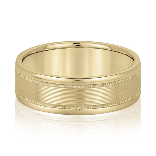 14K Yellow Gold Men's 6MM Ridged Wedding Ring With Milgrain Accents 