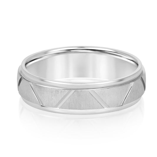 14K White Gold 6MM Men's Brushed And Engraved Wedding Ring 
