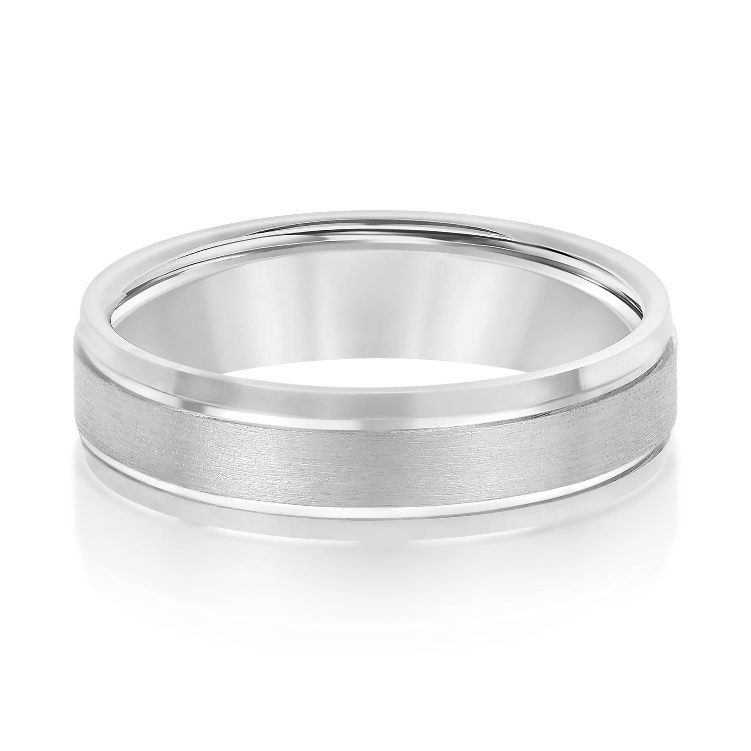14K White Gold Men's 6MM Wedding Band With Satin Finish And High Polish Beveled Edges 