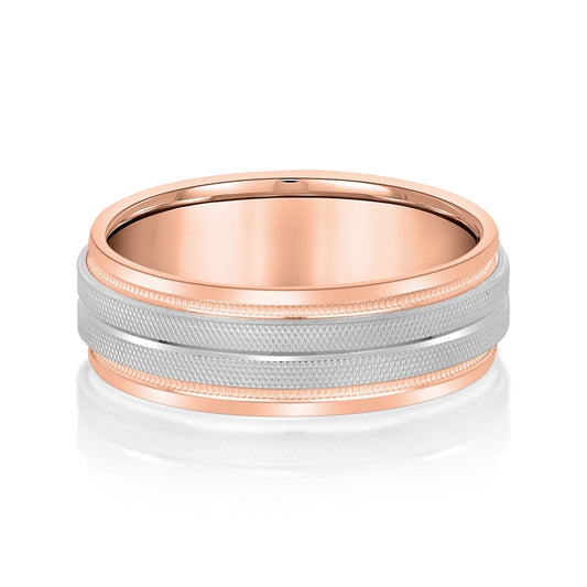 14K Rose And White Gold Men's 6MM Wedding Ring With High Beveled Center And Florentine Finish