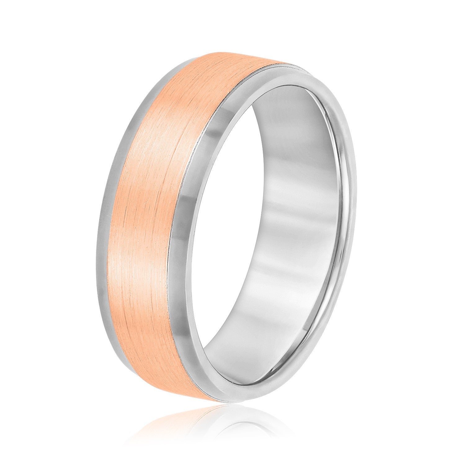 14K White And Rose Gold Men's 6MM Beveled Edge Wedding Ring With Satin Finish 