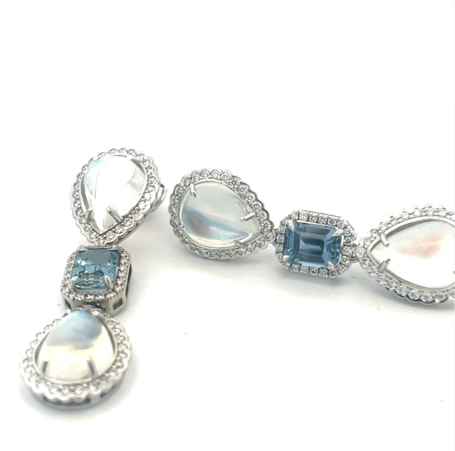 18K White Gold Moon Stone and Sapphire Drop Earrings