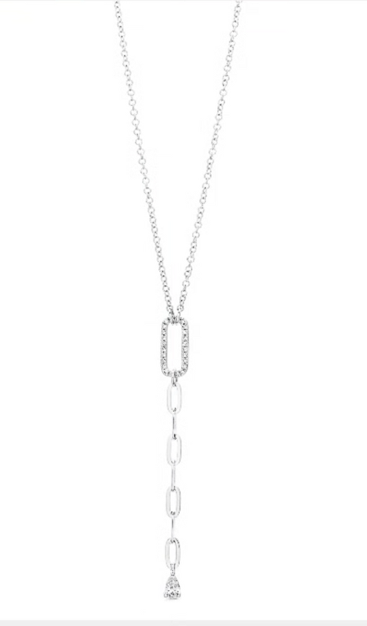 14K White Gold Dangling Pear Shape Paperclip Necklace (.15ctw)