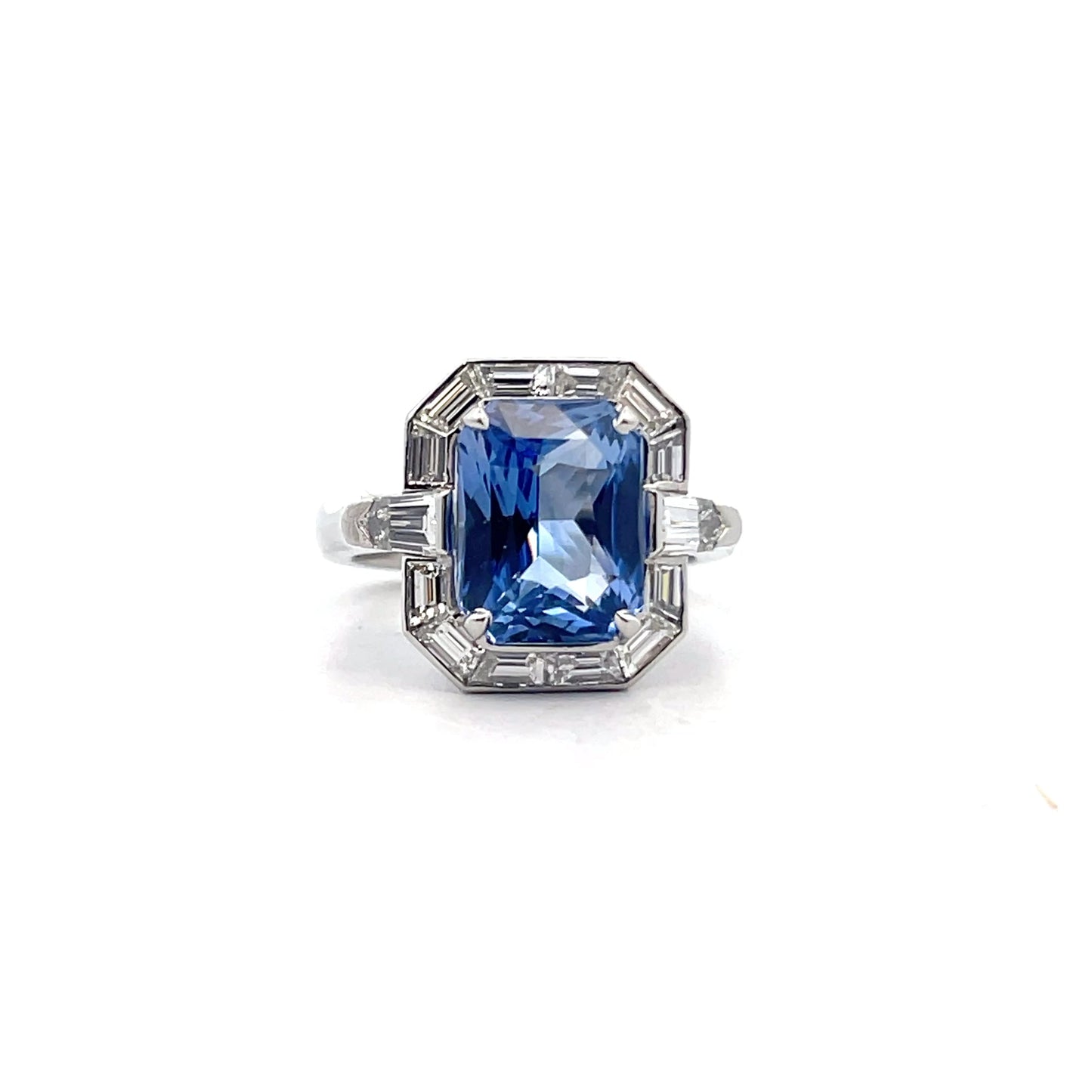 Platinum Radiant Cut Blue Sapphire With Baguette Diamond Accents (6.38ctw)