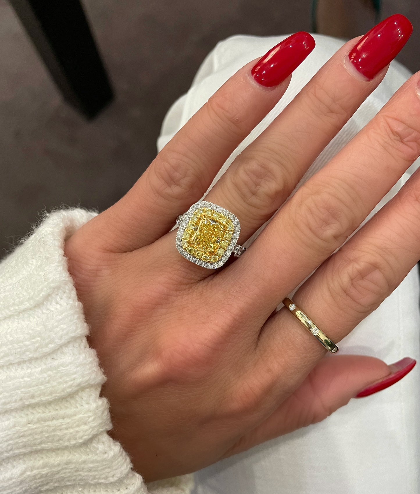 18K White Gold Cushion Cut Double Halo Yellow Diamond Ring (4.10ctw)