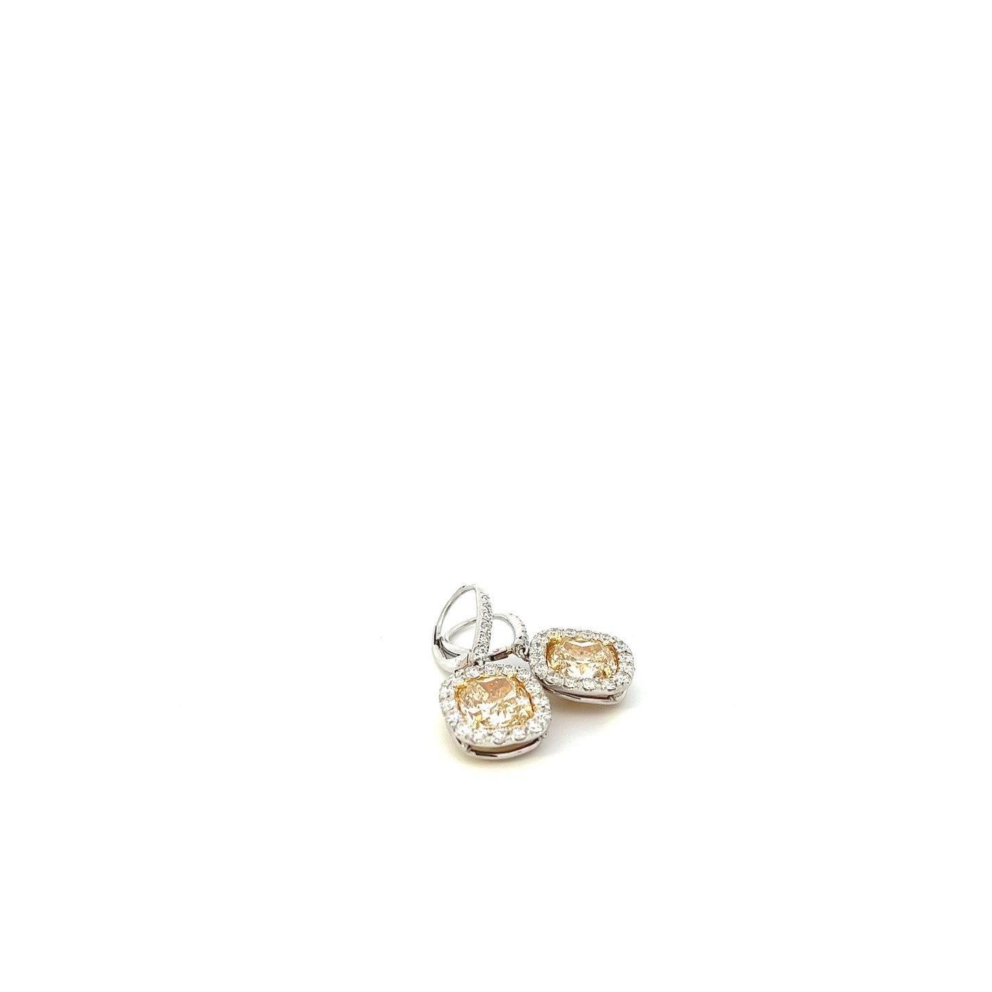 Platinum and 18K Yellow Gold Cushion Cut Fancy Yellow Diamond Halo Drop Earrings (7.25ctw) 