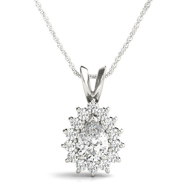 14K White Gold Pear Shape Diamond Princess Di Halo Pendant (1.30ctw)