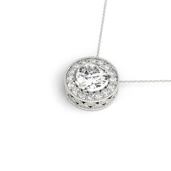 14K White Gold Round Brilliant Bezel Diamond Halo Pendant (1.10ctw)