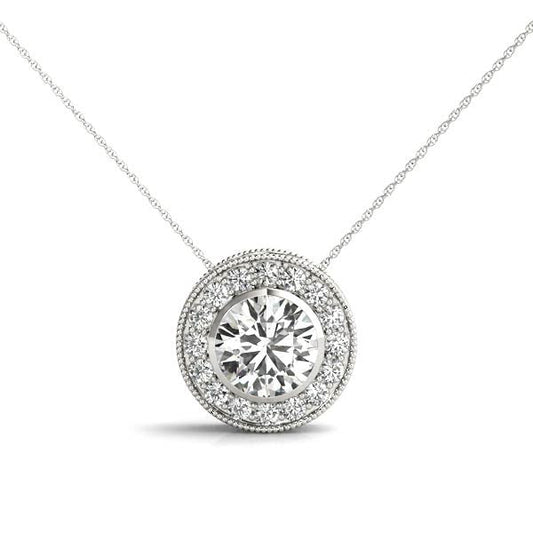 14K White Gold Round Brilliant Bezel Diamond Halo Pendant (1.10ctw)