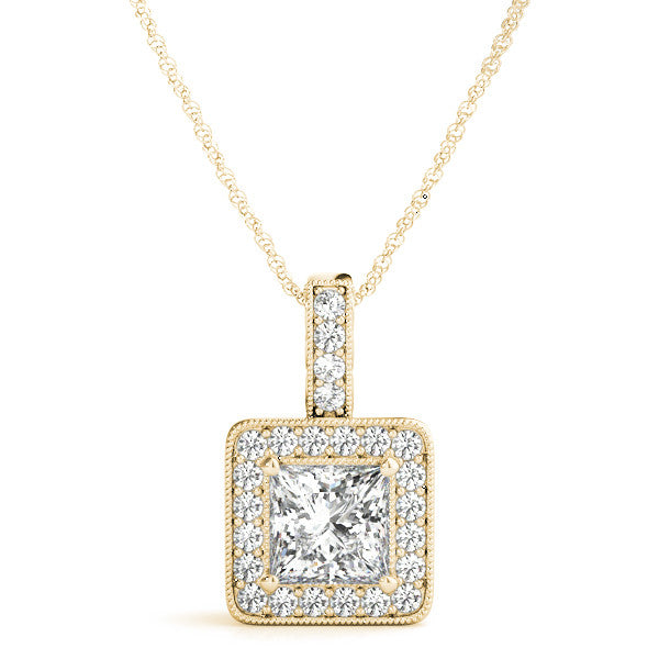 14K Yellow Gold Princess Cut Diamond Halo Pendant With Milgrain Accents (1.25ctw)