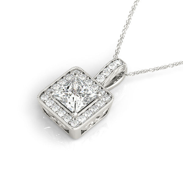 14K White Gold Princess Cut Diamond Halo Pendant With Milgrain Accents (1.25ctw)