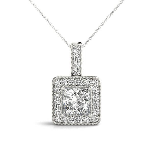 14K White Gold Princess Cut Diamond Halo Pendant With Milgrain Accents (1.25ctw)