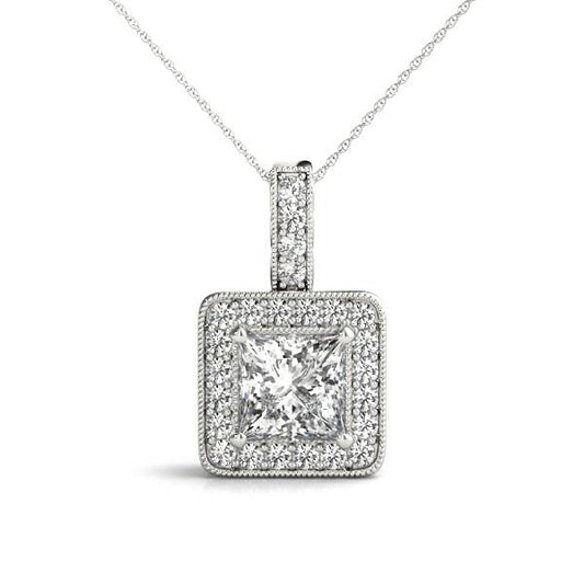 14K White Gold Princess Cut Diamond Halo Pendant With Milgrain Accents (1.25ctw)