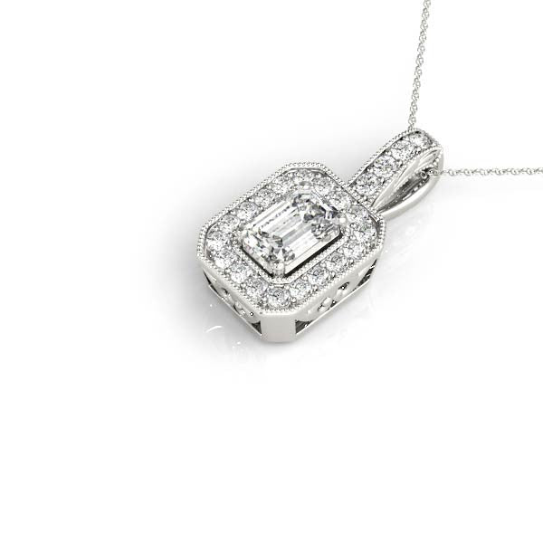 14K White Gold Emerald Cut Diamond Halo Pendant With Milgrain Accents (1.25ctw)