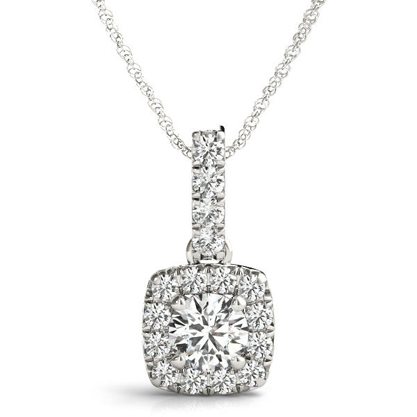 14K White Gold Round Diamond In Cushion Halo Pendant (1.10ctw)