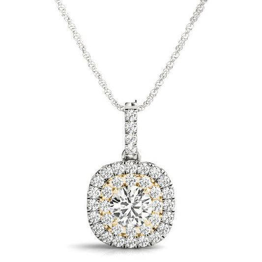 14K White And Yellow Gold Round Brilliant Diamond In A Double Cushion Halo Pendant (1.30ctw)