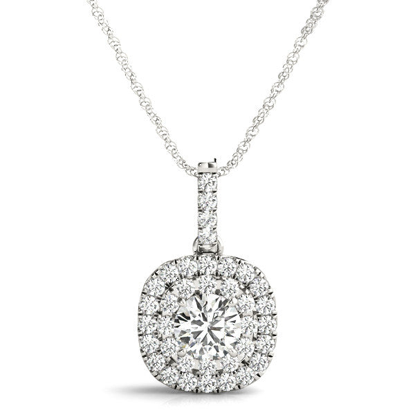 14K White Gold Round Brilliant Diamond In A Double Cushion Halo Pendant (1.30ctw)