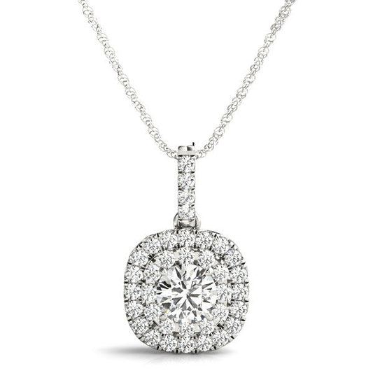 14K White Gold Round Brilliant Diamond In A Double Cushion Halo Pendant (1.30ctw)