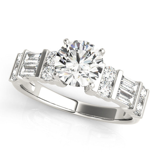 14K White Gold Round Brilliant Diamond Engagement Ring With Baguette And Round Accent Diamonds (1.63ctw)