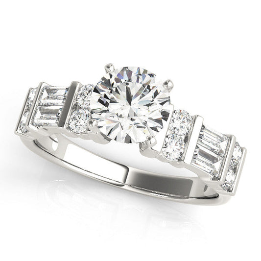 14K White Gold Round Brilliant Diamond Engagement Ring With Baguette And Round Accent Diamonds (1.63ctw)