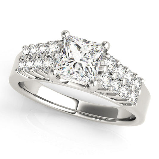 14K White Gold Princess Diamond Engagement Ring With Two Row Prong Set Accents (1.50ctw)