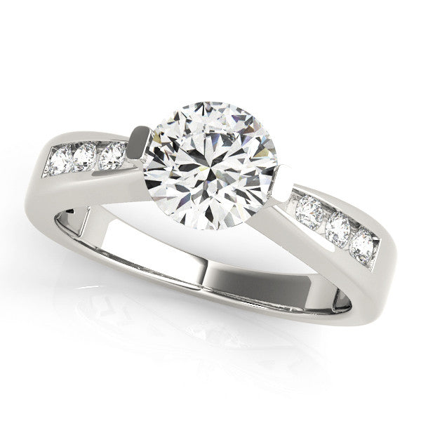 14K White Gold Round Brilliant Diamond Tapered Engagement Ring With Channel Pave Accents (1.02ctw)