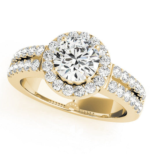 14K Yellow Gold Round Brilliant Diamond Halo Engagement Ring With Double Row Pave Accents (1.38ctw)