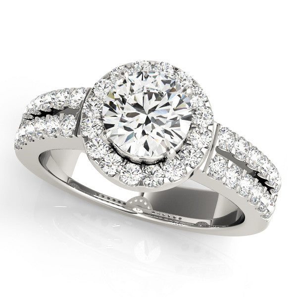 14K White Gold Round Brilliant Diamond Halo Engagement Ring With Double Row Pave Accents (1.38ctw)