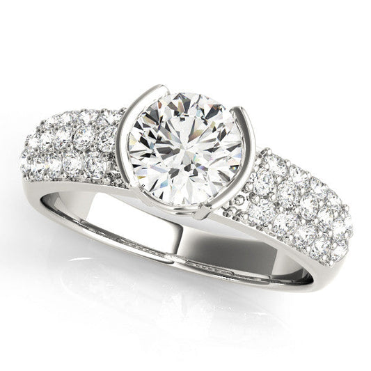 14K White Gold Round Brilliant Diamond Bezel Basket Engagement Ring With Micro Pave Accents (1.63ctw)