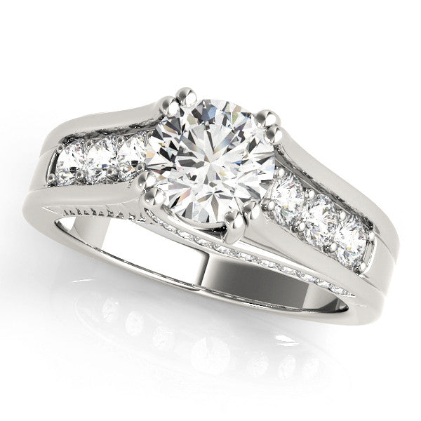 14K White Gold Round Brilliant Diamond Trellis Engagement Ring With Channel Set Accent Diamonds (1.50ctw) 