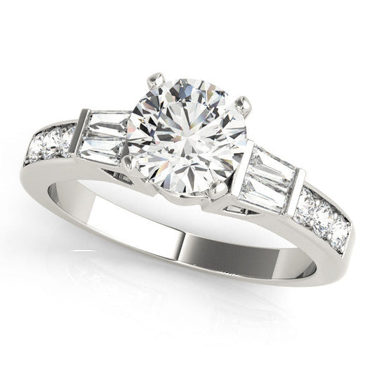 14K White Gold Round Brilliant Diamond Baguette Basket Engagement Ring With Channel Set Accents (1.33ctw)