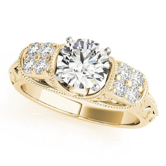 14K Yellow Gold Round Brilliant Diamond Vintage Inspired Engagement Ring With Pave Accents (1.33ctw)