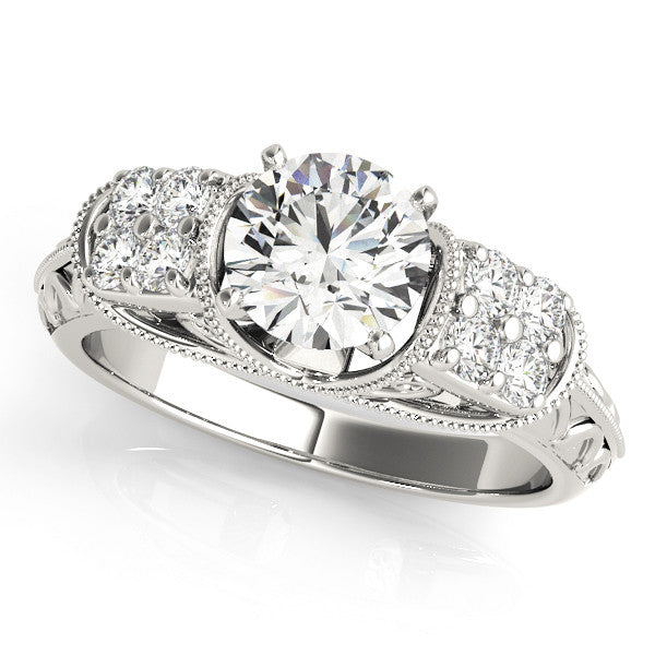 14K White Gold Round Brilliant Diamond Vintage Inspired Engagement Ring With Pave Accents (1.33ctw)