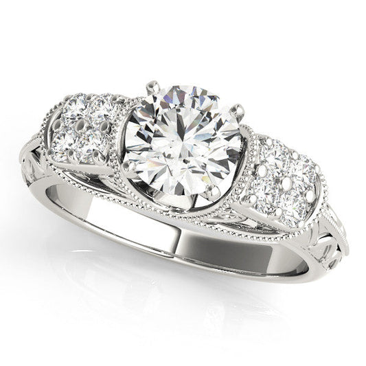 14K White Gold Round Brilliant Diamond Vintage Inspired Engagement Ring With Pave Accents (1.33ctw)