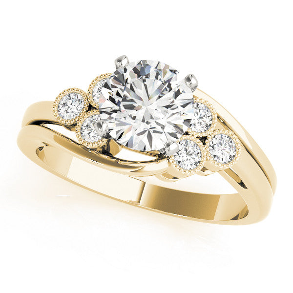 14K Yellow Gold Round Brilliant Diamond Bypass Engagement Ring With Cluster Bead Basket Accents (1.20ctw)