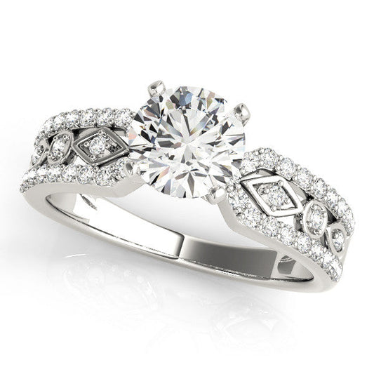 14K White Gold Round Brilliant Diamond Multi-Cut Vintage Inspired Engagement Ring With Pave Accents (1.20ctw)