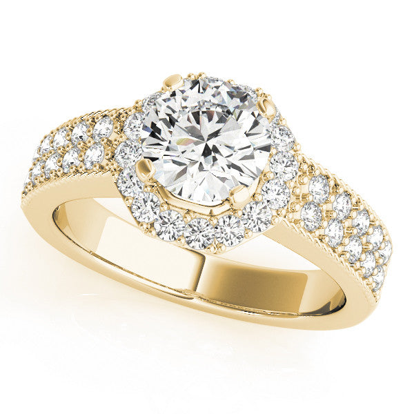 14K Yellow Gold Round Brilliant Diamond Octogon Halo Engagement Ring With Double Pave Accents (1.33ctw)