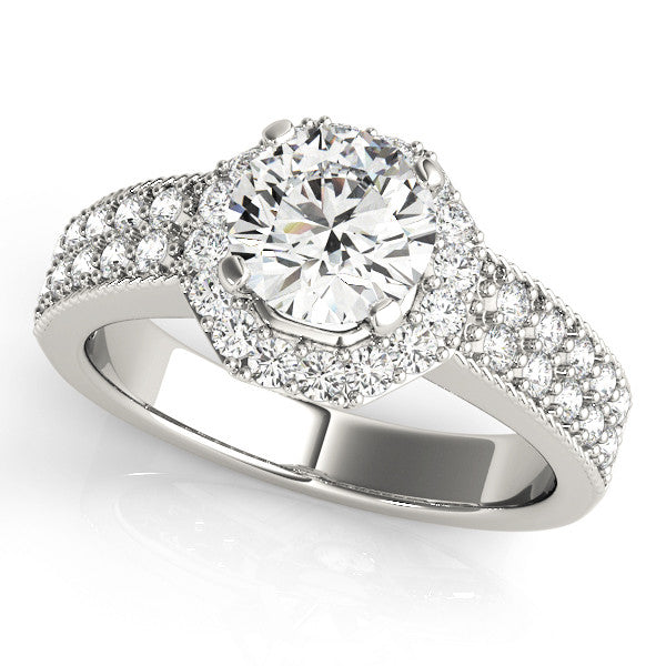 14K White Gold Round Brilliant Diamond Octogon Halo Engagement Ring With Double Pave Accents (1.33ctw)