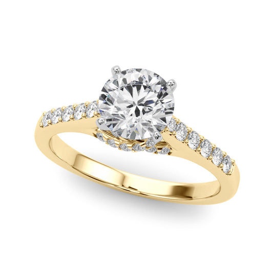 14K Yellow Gold Round Brilliant Diamond High Shoulder Engagement Ring With Hidden Crossed Pave Accents (1.25ctw)