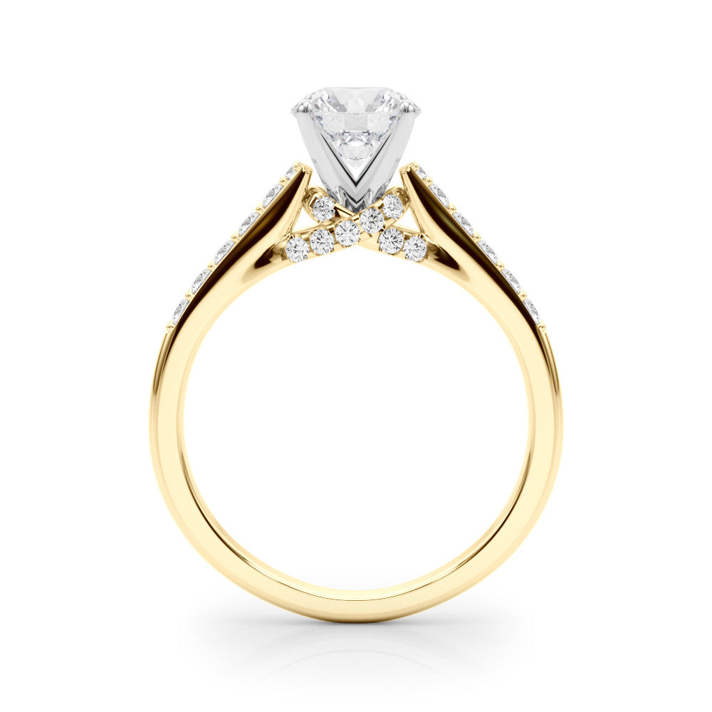 14K Yellow Gold Round Brilliant Diamond High Shoulder Engagement Ring With Hidden Crossed Pave Accents (1.25ctw)