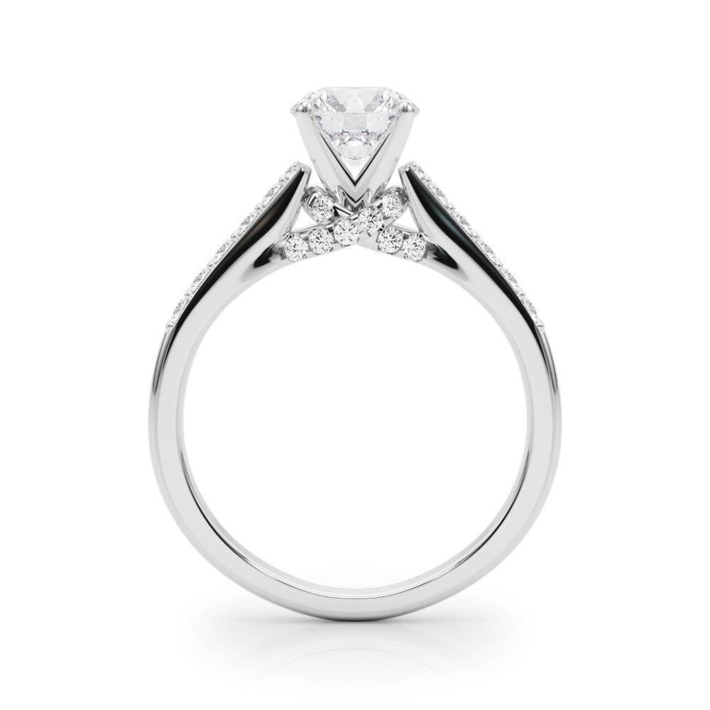 14K White Gold Round Brilliant Diamond High Shoulder Engagement Ring With Hidden Crossed Pave Accents (1.25ctw)