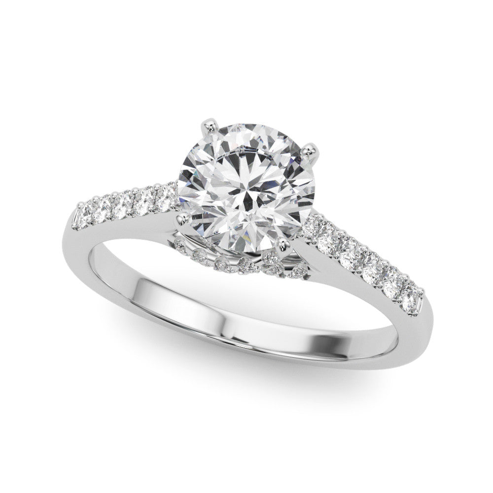 14K White Gold Round Brilliant Diamond High Shoulder Engagement Ring With Hidden Crossed Pave Accents (1.25ctw)