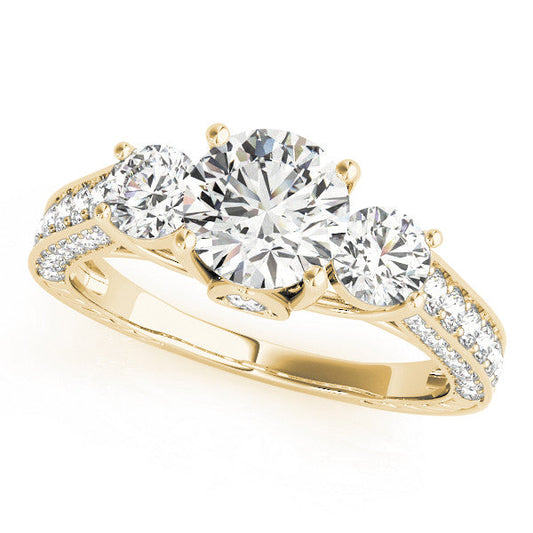 14K Yellow Gold Round Brilliant Diamond Three Stone Hidden Pear Engagement Ring With Pave Accents (1.88ctw)