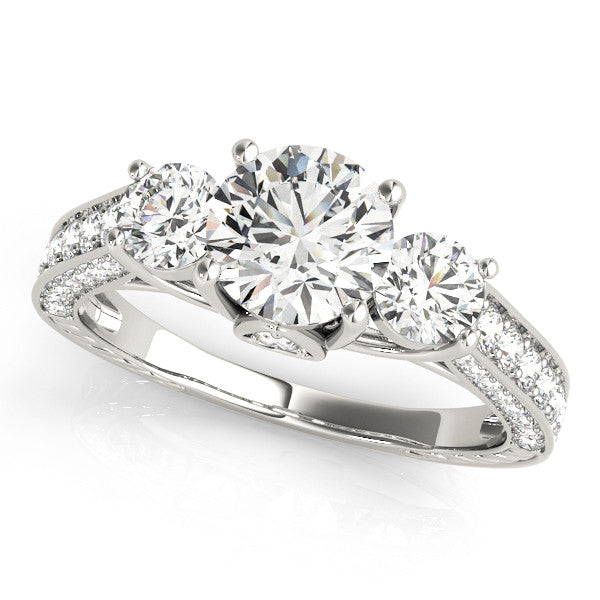 14K White Gold Round Brilliant Diamond Three Stone Hidden Pear Engagement Ring With Pave Accents (1.88ctw)