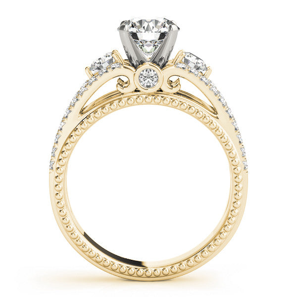 14k Yellow Gold Round Brilliant Diamond Three Stone Split Shank Antique Engagement Ring With Bezel and Pave Accents (1.50ctw)